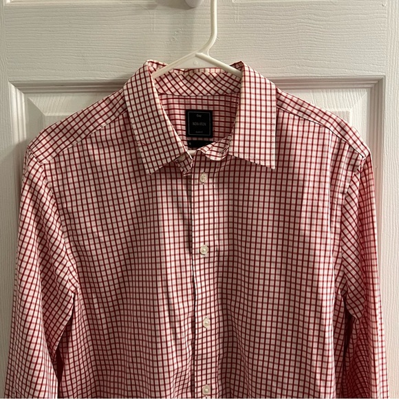 Men’s Non-Iron Slim Fit Checkered Red and White Dress Shirt Size Medium - Picture 4 of 6
